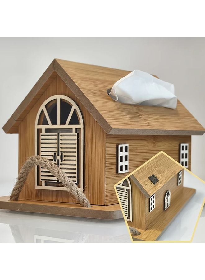 Walnut Color Wood Grain House Shaped Tissue Box Vintage Style Storage Tray - Image 3